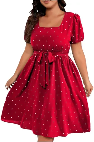 Plus Size Dresses for Curvy Women Square Neck A Line Dress Puff Sleeve Dressy Tiered Summer Mini Dress Party Wear