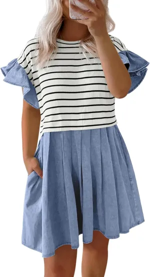 Plus Size Dresses for Curvy Women Summer Short Sleeve Casual Denim Jean Dress Babydoll Mini Dress with Pocket 2025