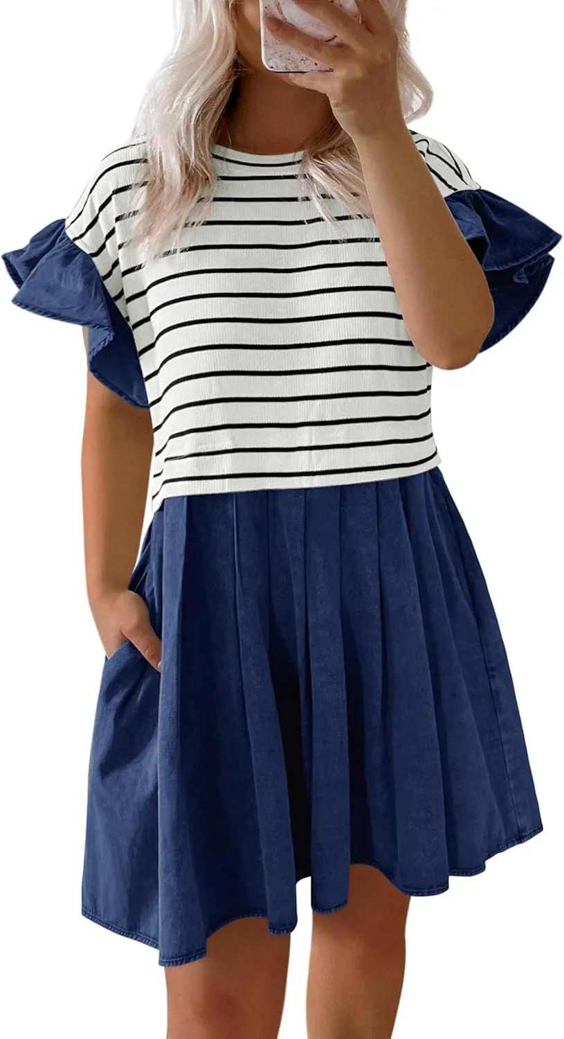 Plus Size Dresses for Curvy Women Summer Short Sleeve Casual Denim Jean Dress Babydoll Mini Dress with Pocket 2025