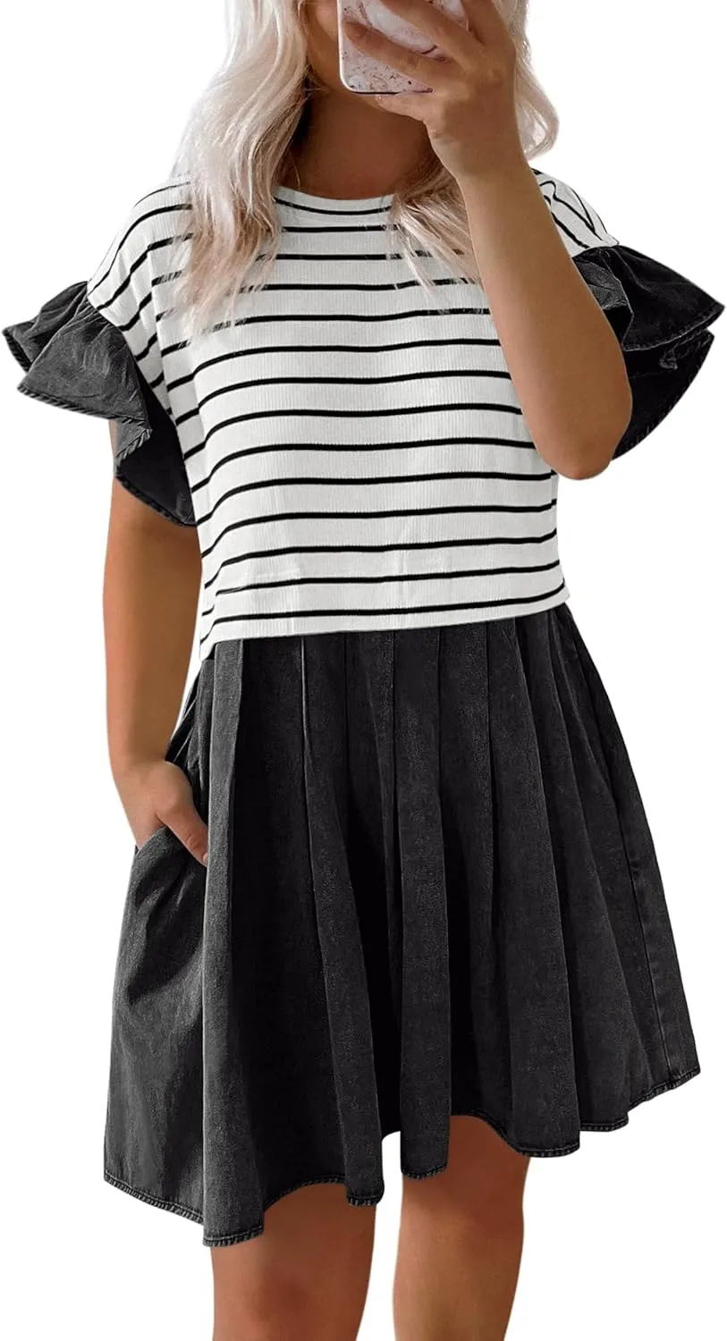 Plus Size Dresses for Curvy Women Summer Short Sleeve Casual Denim Jean Dress Babydoll Mini Dress with Pocket 2025