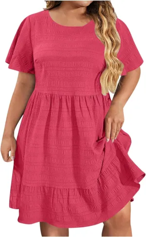 Plus Size Dresses for Curvy Women Tiered Crew Neck Short Sleeve Dress Stretch Waist Comfort Solid Color Sundress