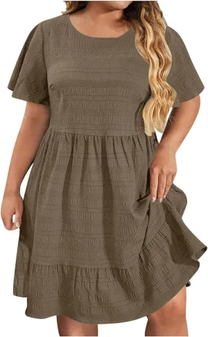 Plus Size Dresses for Curvy Women Tiered Crew Neck Short Sleeve Dress Stretch Waist Comfort Solid Color Sundress