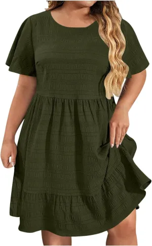 Plus Size Dresses for Curvy Women Tiered Crew Neck Short Sleeve Dress Stretch Waist Comfort Solid Color Sundress
