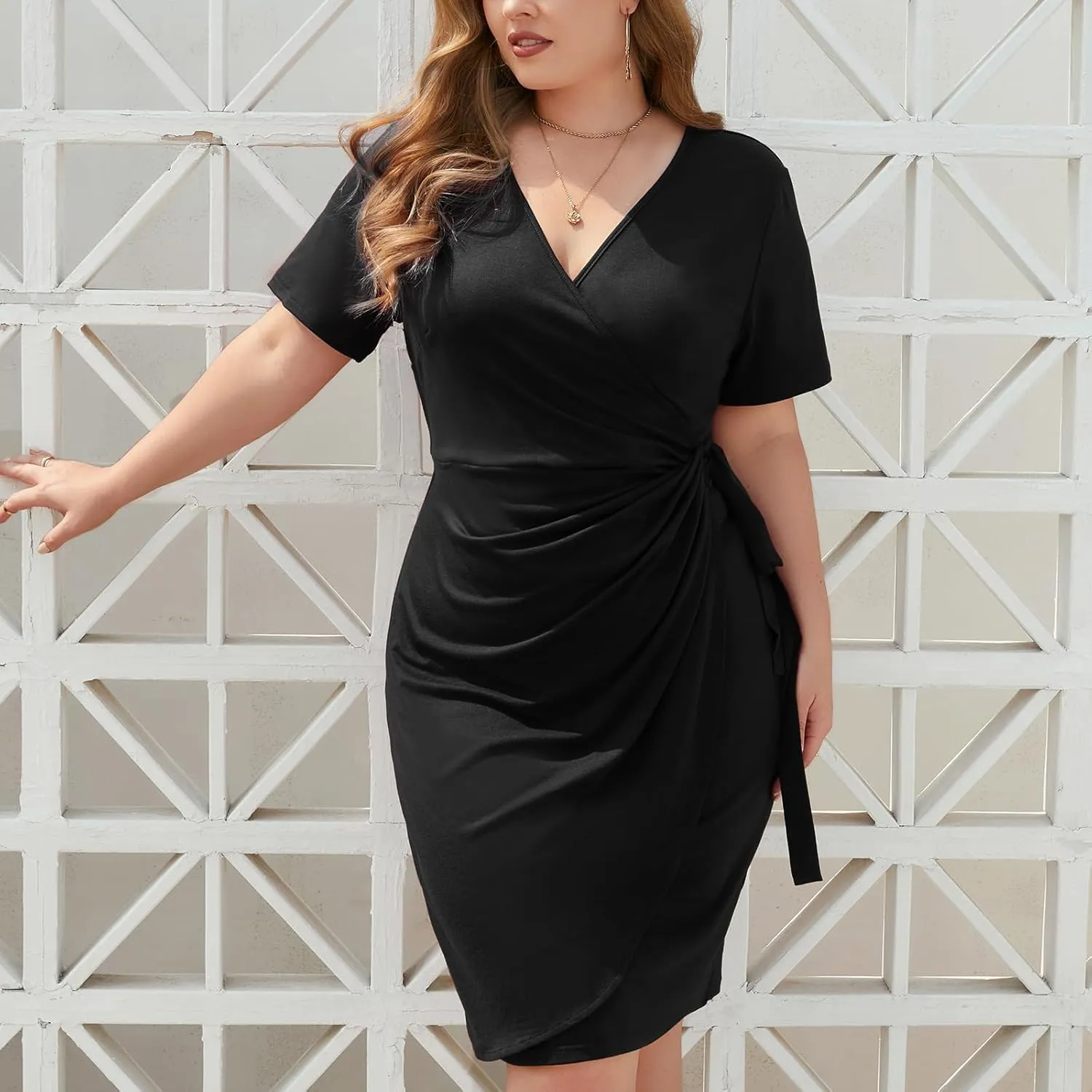 Plus Size Dresses for Curvy Women V-Neck Short Sleeve Bodycon Wrap Cocktail Party Semi Formal Midi Dress