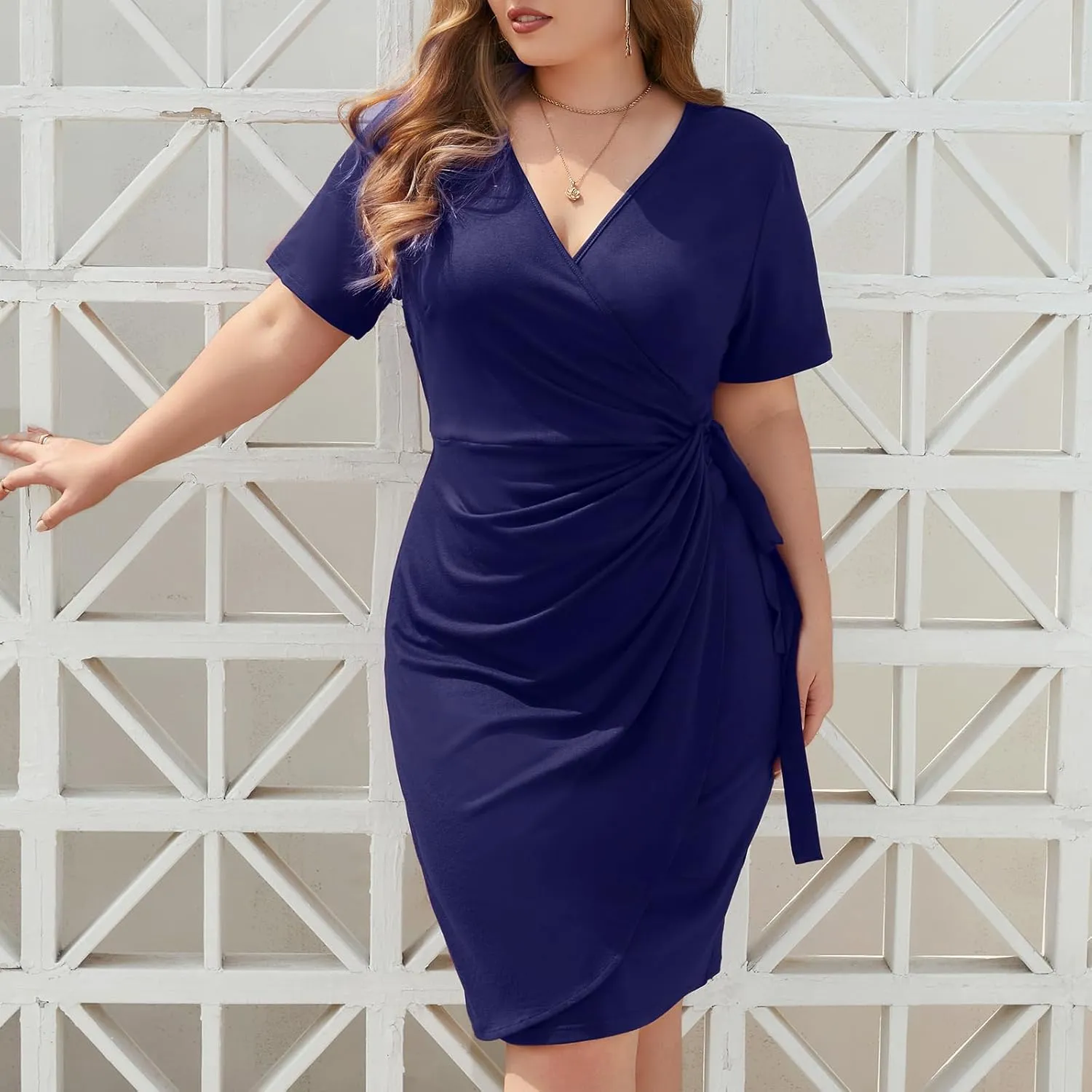 Plus Size Dresses for Curvy Women V-Neck Short Sleeve Bodycon Wrap Cocktail Party Semi Formal Midi Dress
