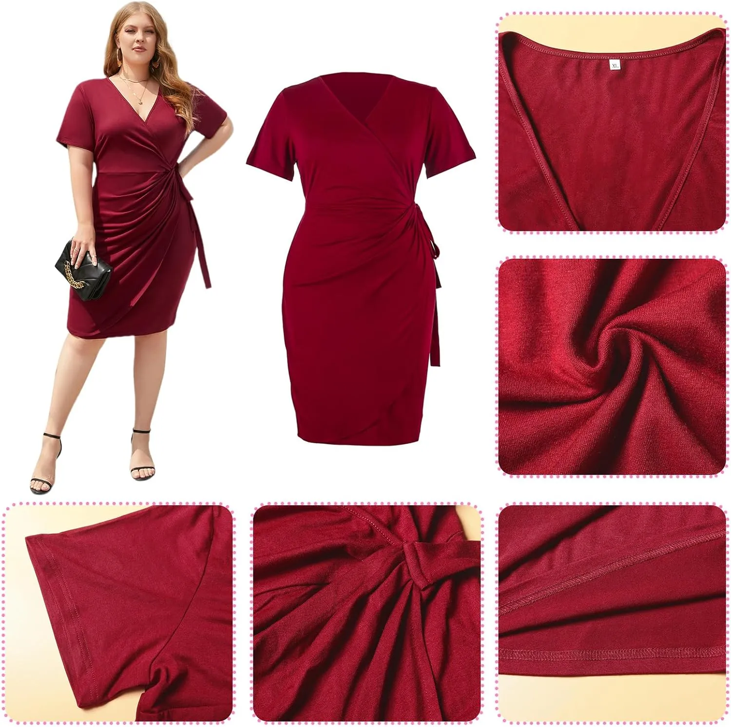 Plus Size Dresses for Curvy Women V-Neck Short Sleeve Bodycon Wrap Cocktail Party Semi Formal Midi Dress