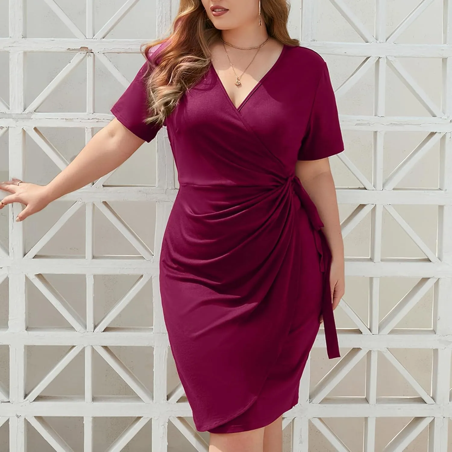 Plus Size Dresses for Curvy Women V-Neck Short Sleeve Bodycon Wrap Cocktail Party Semi Formal Midi Dress