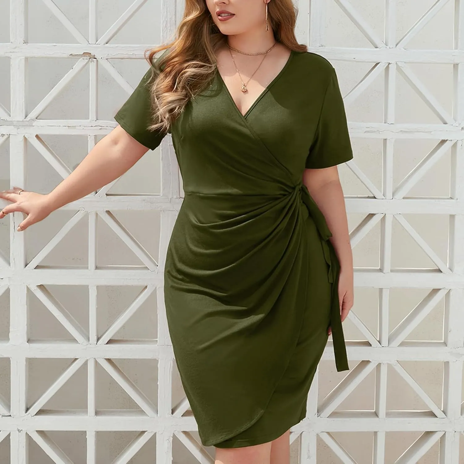 Plus Size Dresses for Curvy Women V-Neck Short Sleeve Bodycon Wrap Cocktail Party Semi Formal Midi Dress