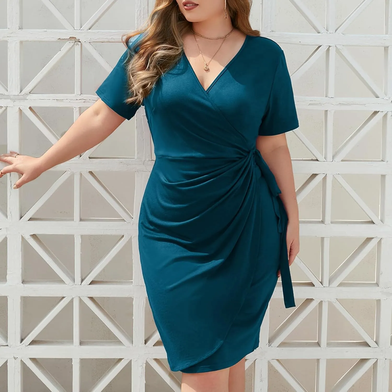 Plus Size Dresses for Curvy Women V-Neck Short Sleeve Bodycon Wrap Cocktail Party Semi Formal Midi Dress