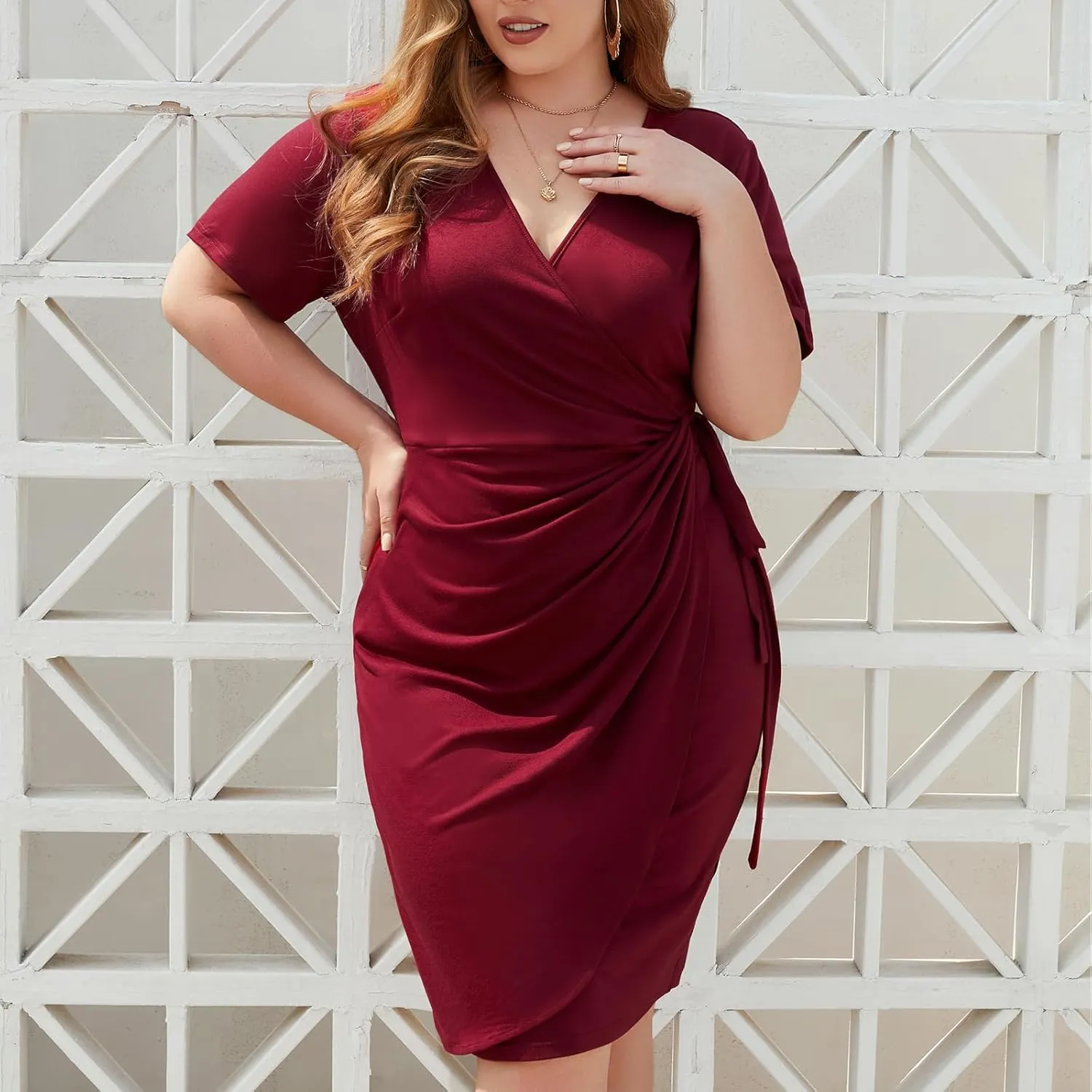 Plus Size Dresses for Curvy Women V-Neck Short Sleeve Bodycon Wrap Cocktail Party Semi Formal Midi Dress