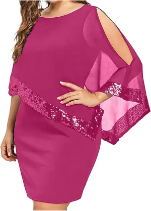 Plus Size Dresses for Curvy Women,2024 Trendy Irregular Chiffon Cape Wedding Guest Dress,Elegant Bodycon Midi Pencil Dress