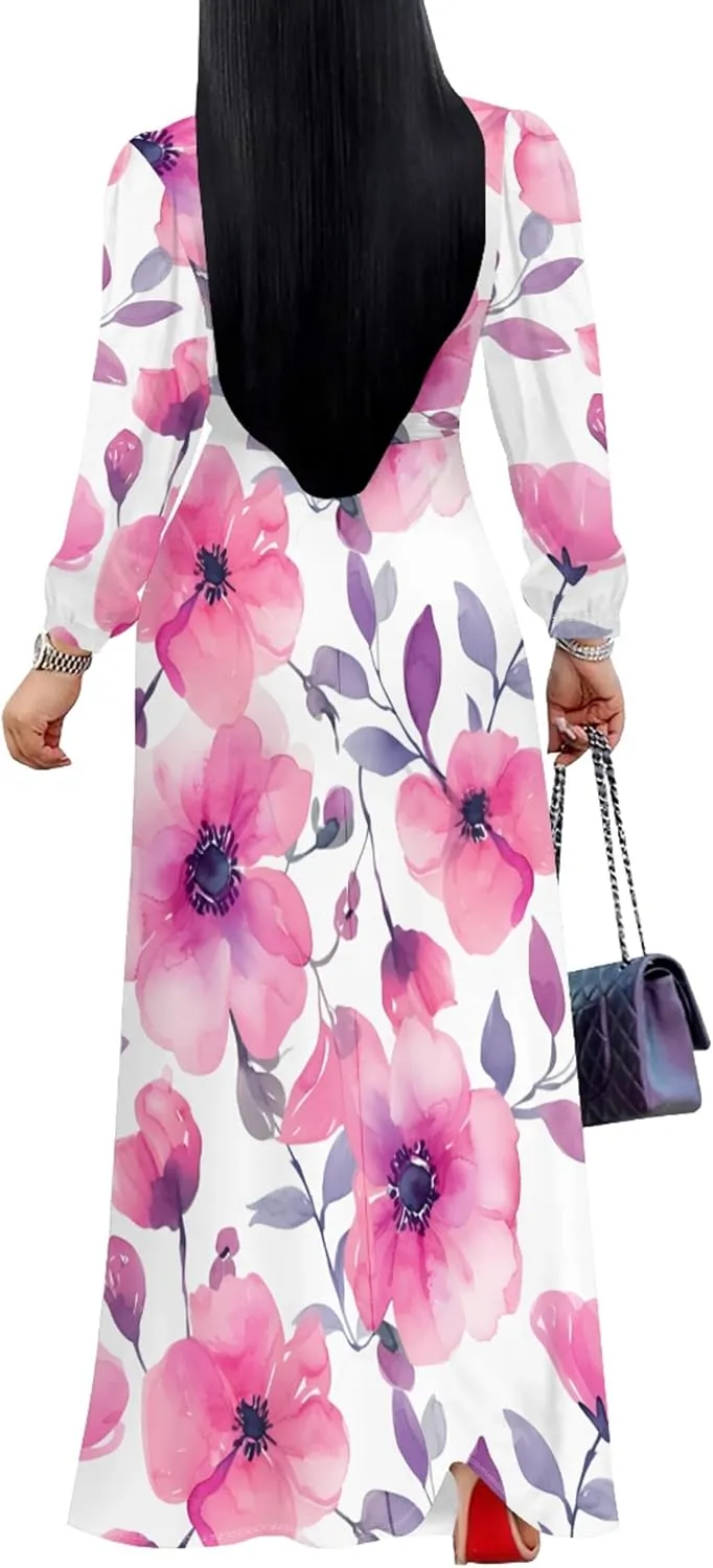 Plus Size Dresses for Women Floral Print Maxi Dress Flowy 3/4 Sleeve with Belt