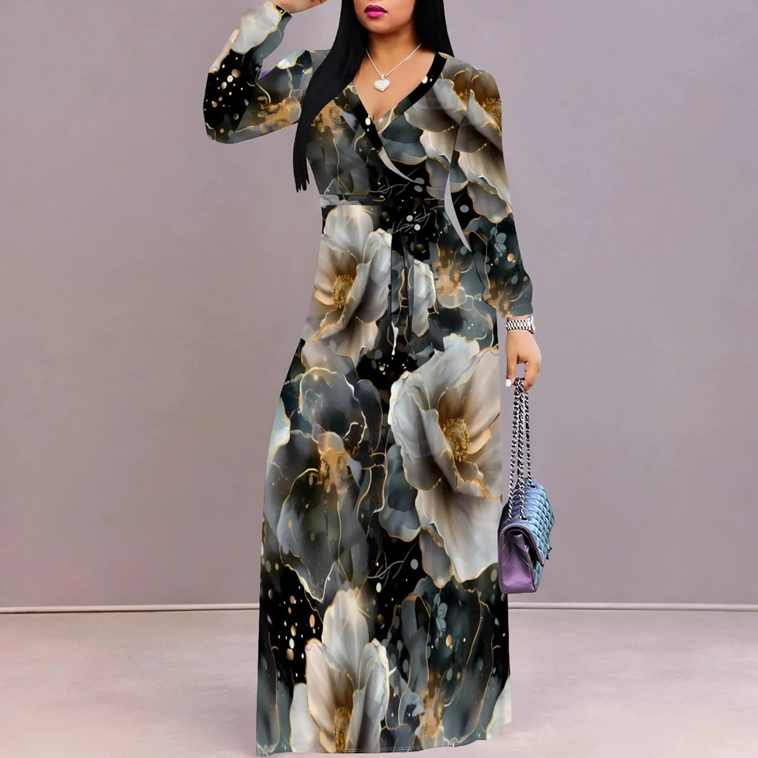 Plus Size Dresses for Women Floral Print Maxi Dress Flowy 3/4 Sleeve with Belt