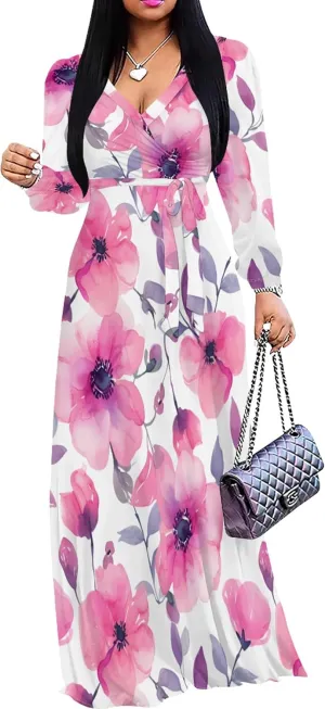 Plus Size Dresses for Women Floral Print Maxi Dress Flowy 3/4 Sleeve with Belt