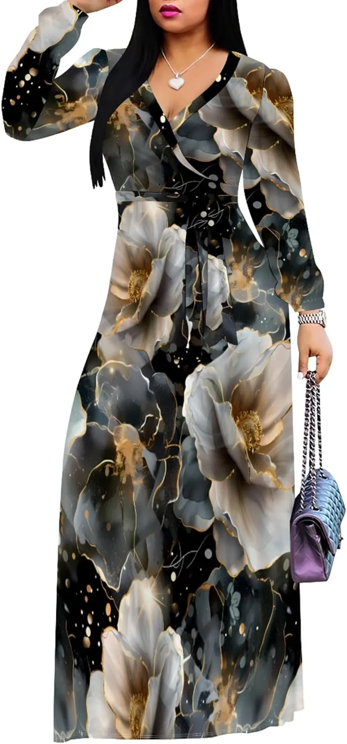 Plus Size Dresses for Women Floral Print Maxi Dress Flowy 3/4 Sleeve with Belt