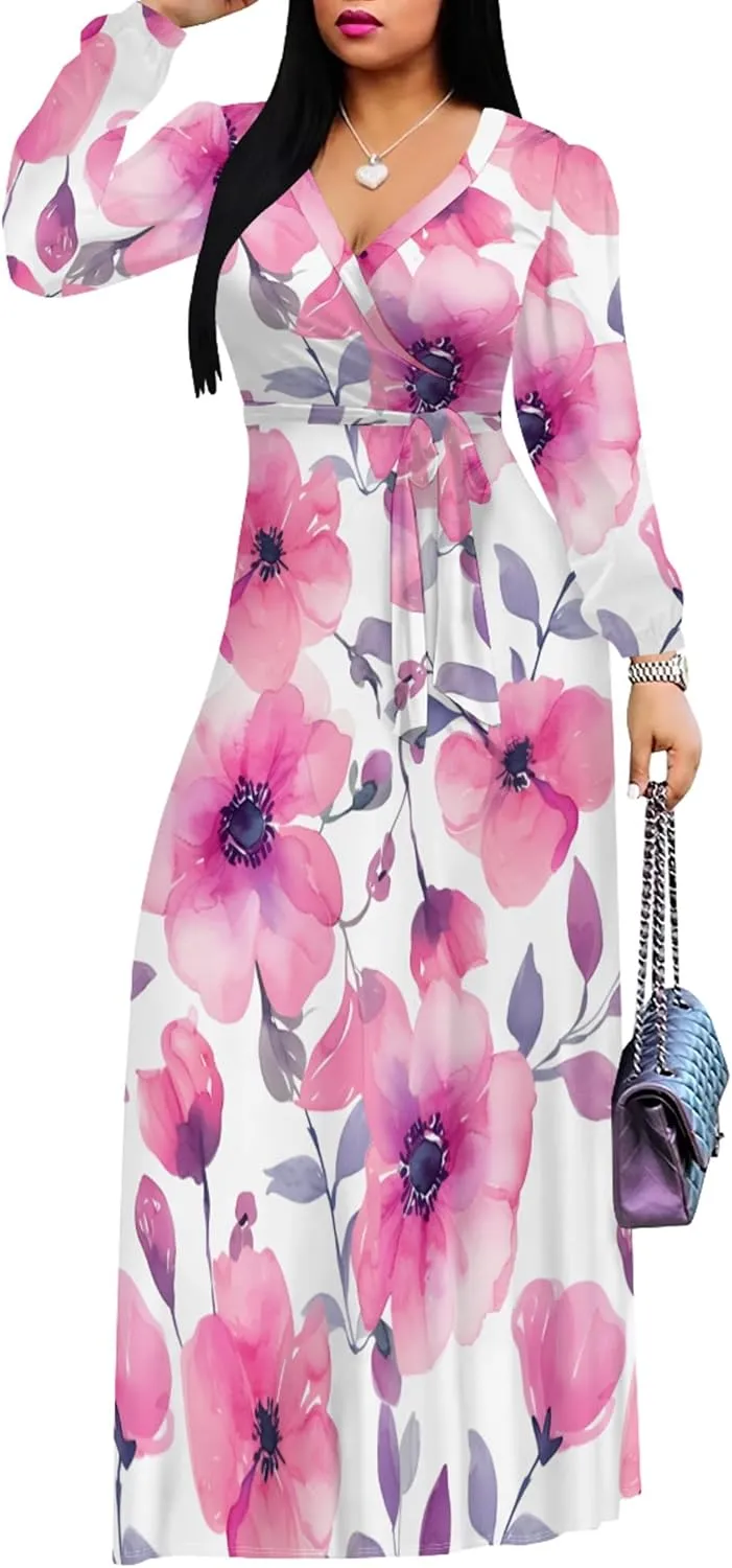 Plus Size Dresses for Women Floral Print Maxi Dress Flowy 3/4 Sleeve with Belt