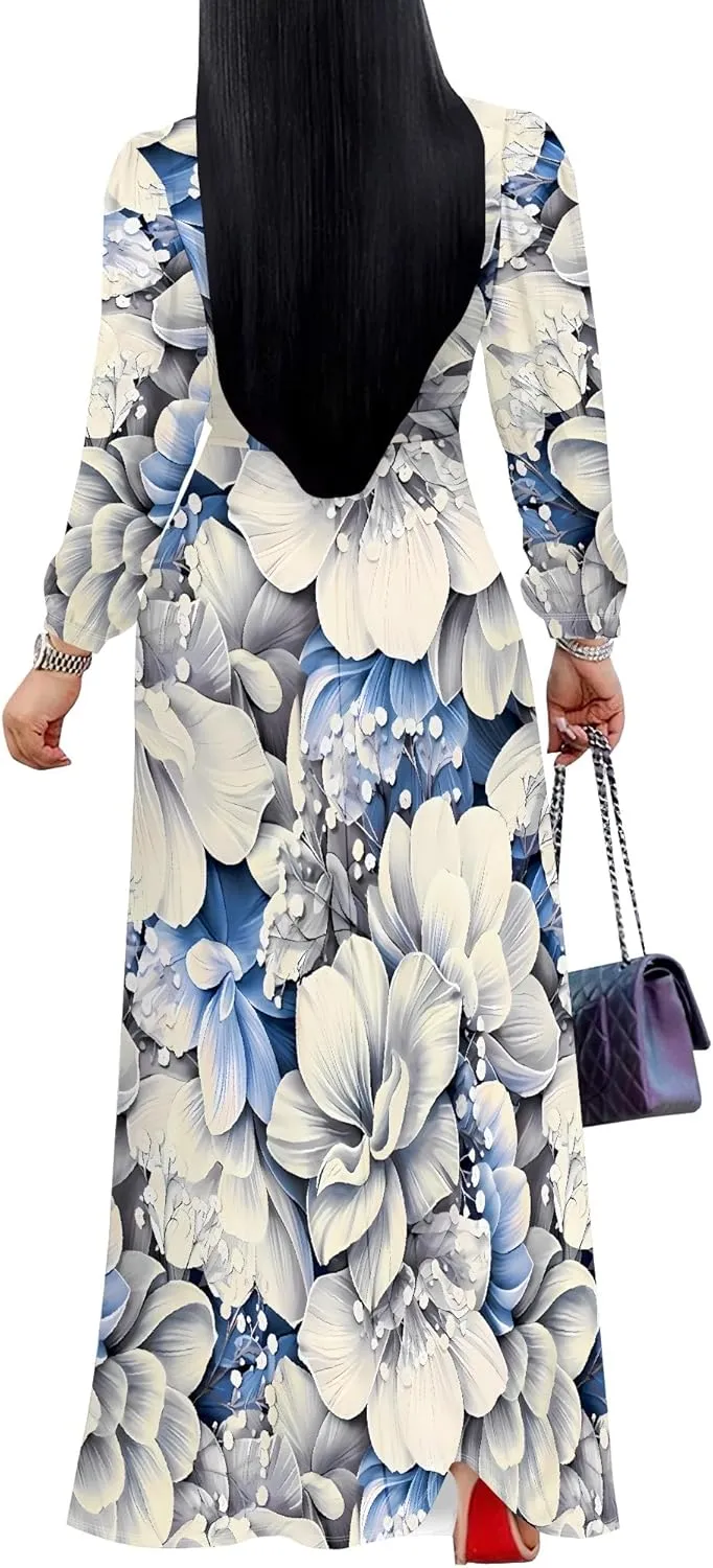 Plus Size Dresses for Women Floral Print Maxi Dress Flowy 3/4 Sleeve with Belt