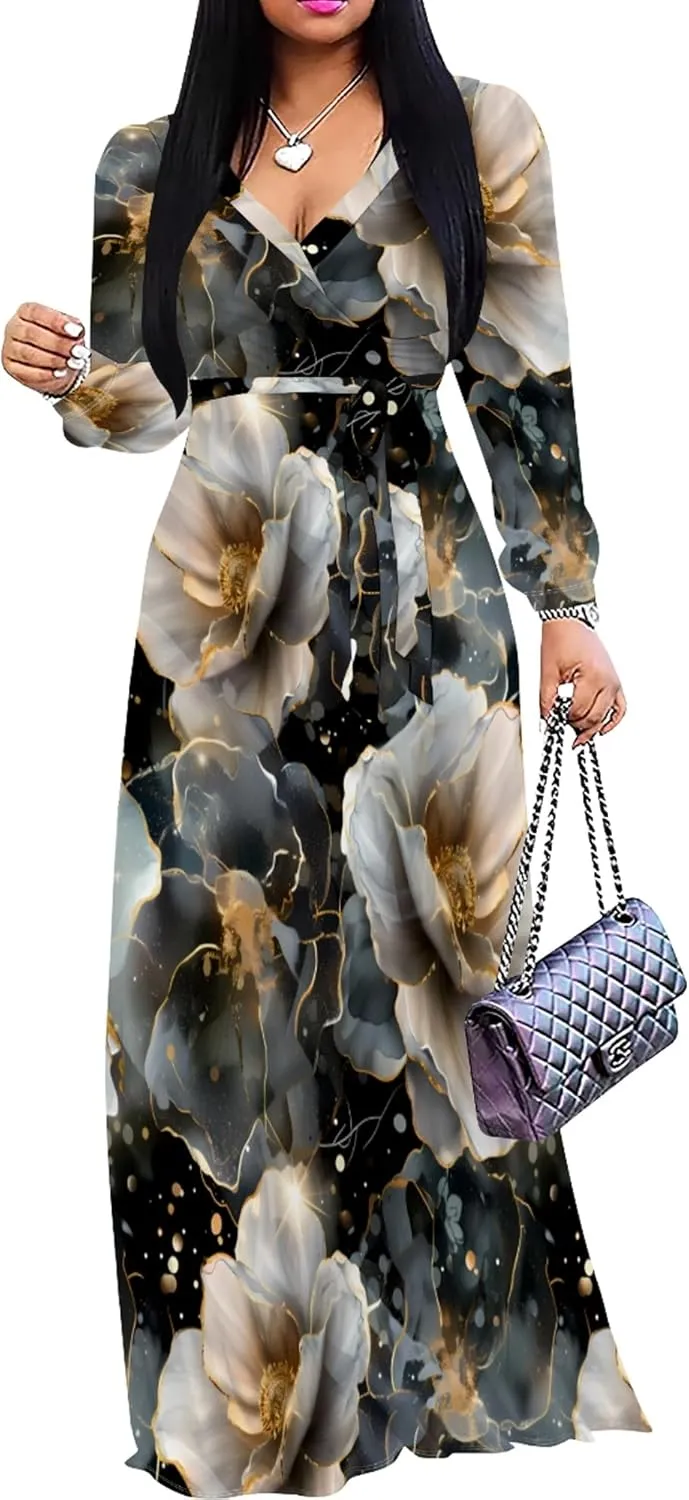 Plus Size Dresses for Women Floral Print Maxi Dress Flowy 3/4 Sleeve with Belt