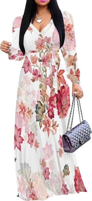 Plus Size Dresses for Women Floral Print Maxi Dress Flowy 3/4 Sleeve with Belt