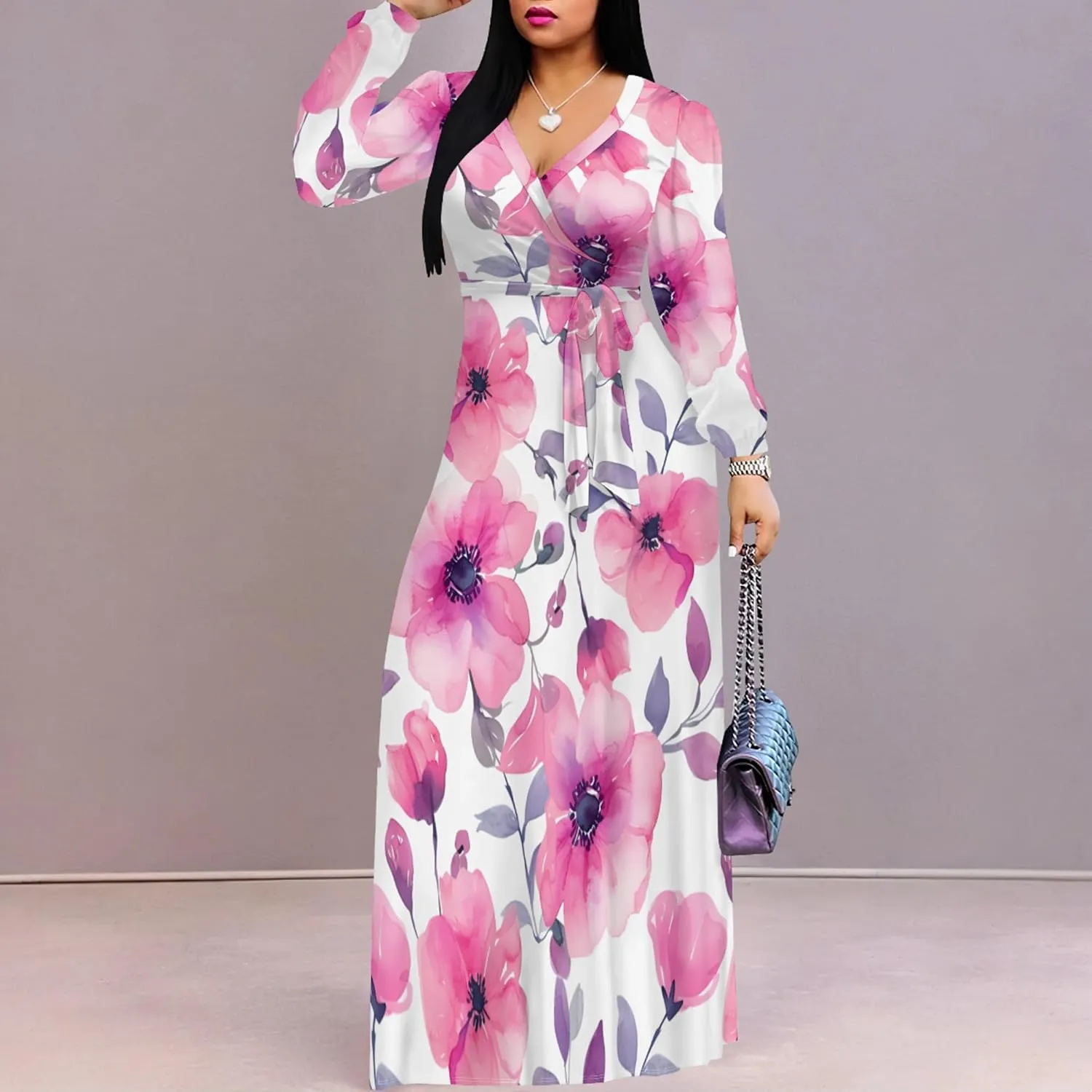 Plus Size Dresses for Women Floral Print Maxi Dress Flowy 3/4 Sleeve with Belt