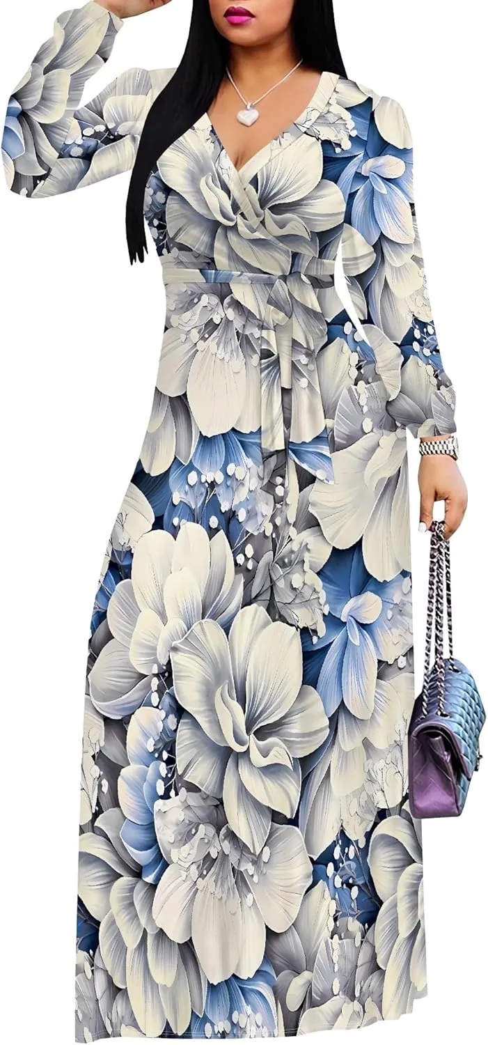 Plus Size Dresses for Women Floral Print Maxi Dress Flowy 3/4 Sleeve with Belt