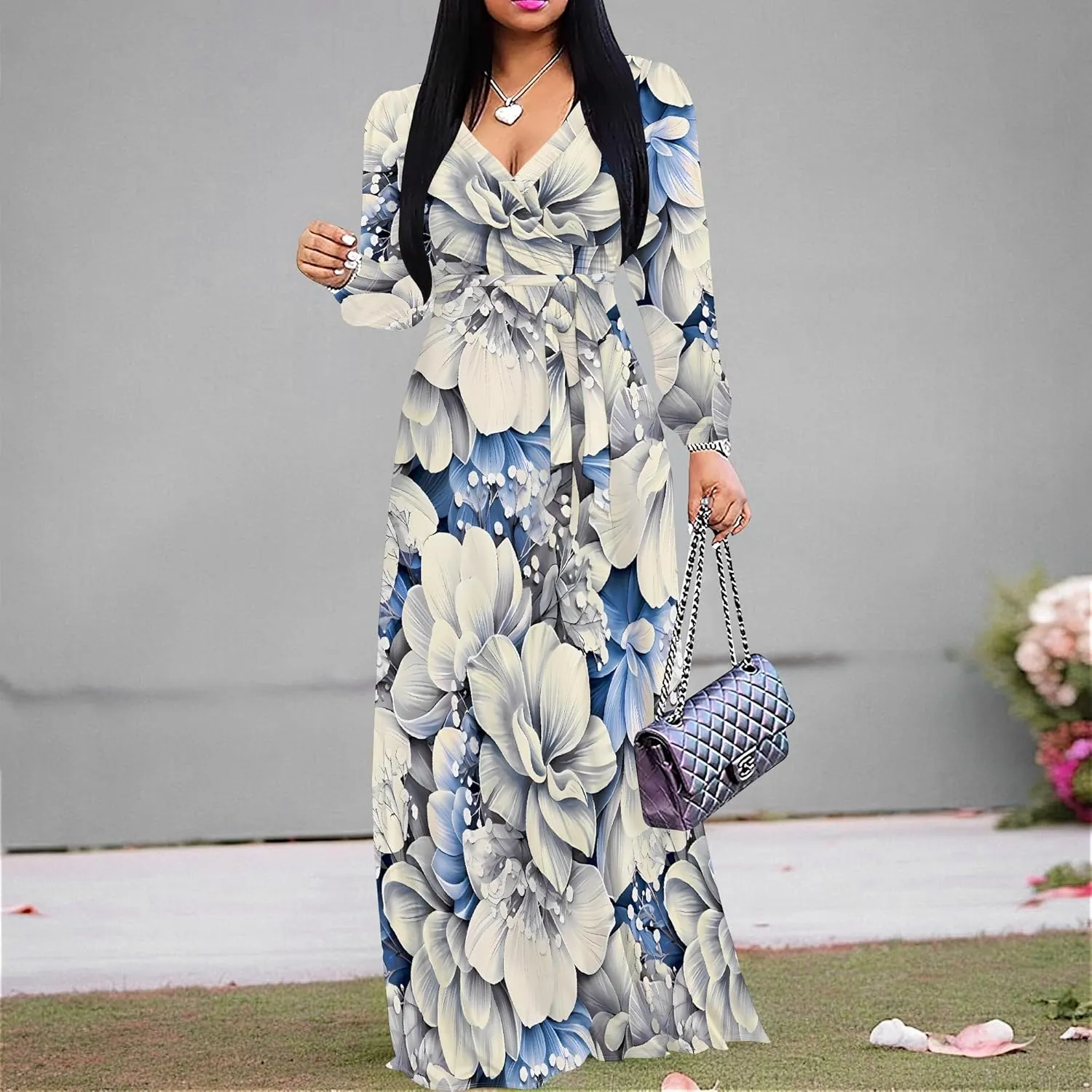 Plus Size Dresses for Women Floral Print Maxi Dress Flowy 3/4 Sleeve with Belt