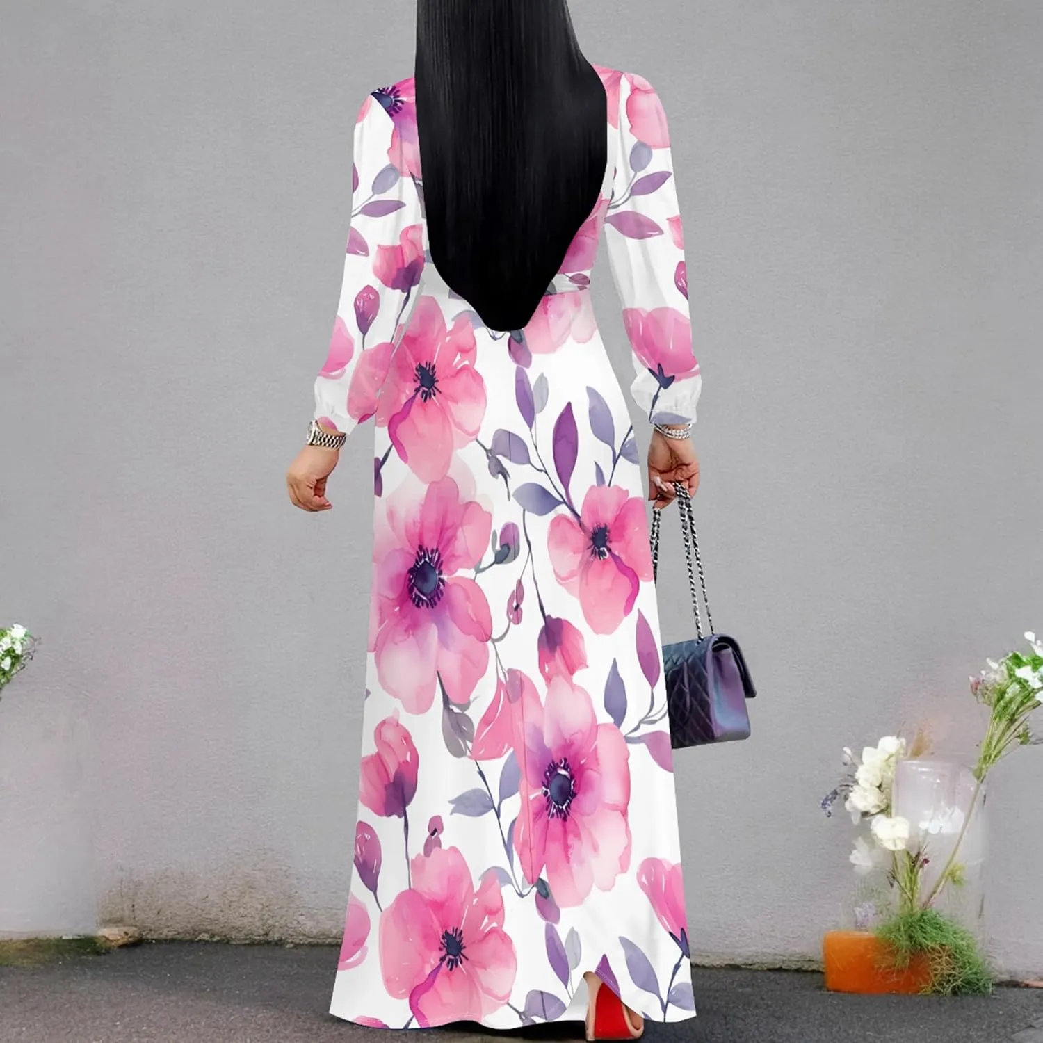 Plus Size Dresses for Women Floral Print Maxi Dress Flowy 3/4 Sleeve with Belt