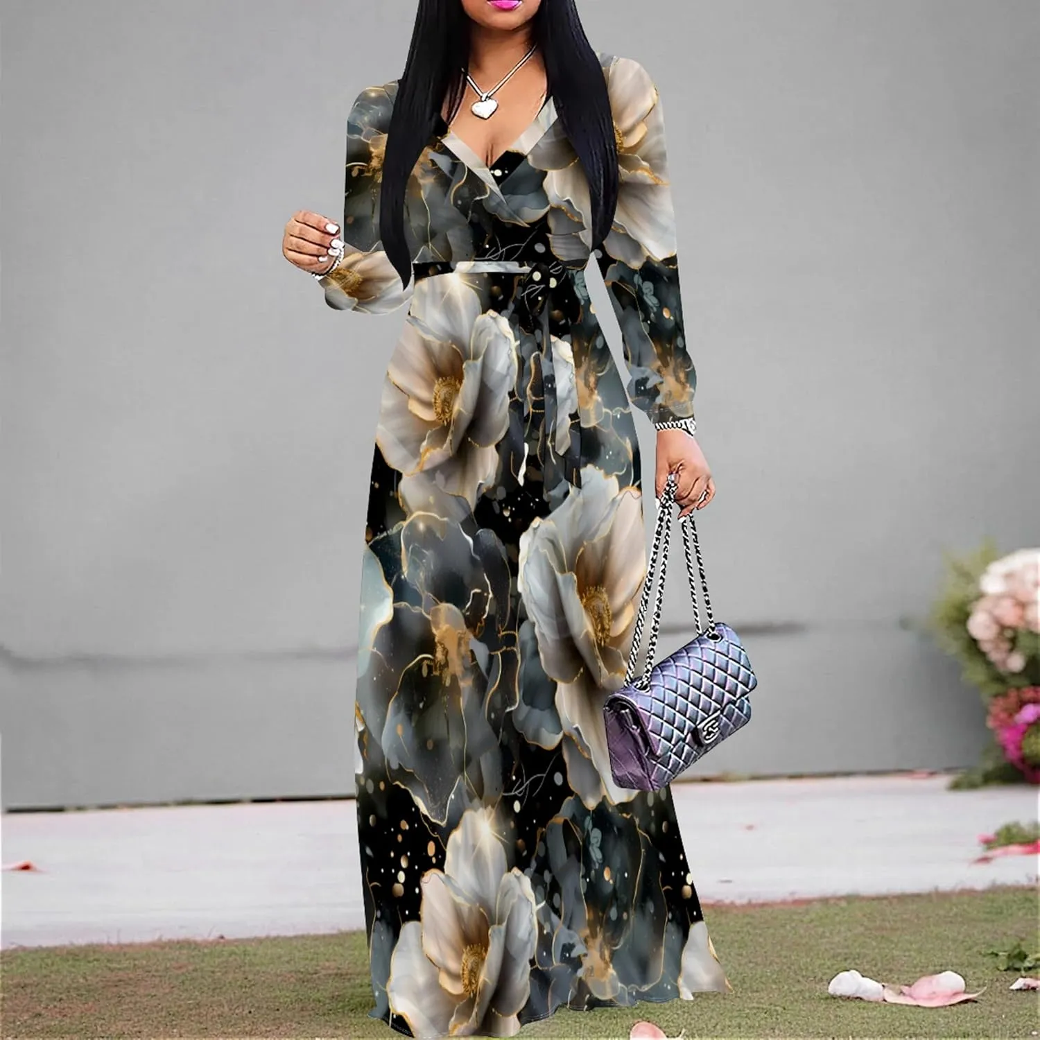 Plus Size Dresses for Women Floral Print Maxi Dress Flowy 3/4 Sleeve with Belt