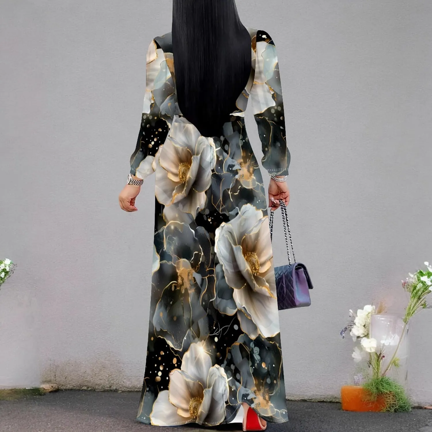 Plus Size Dresses for Women Floral Print Maxi Dress Flowy 3/4 Sleeve with Belt