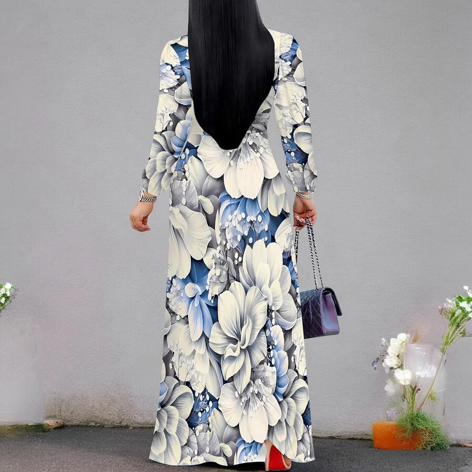 Plus Size Dresses for Women Floral Print Maxi Dress Flowy 3/4 Sleeve with Belt