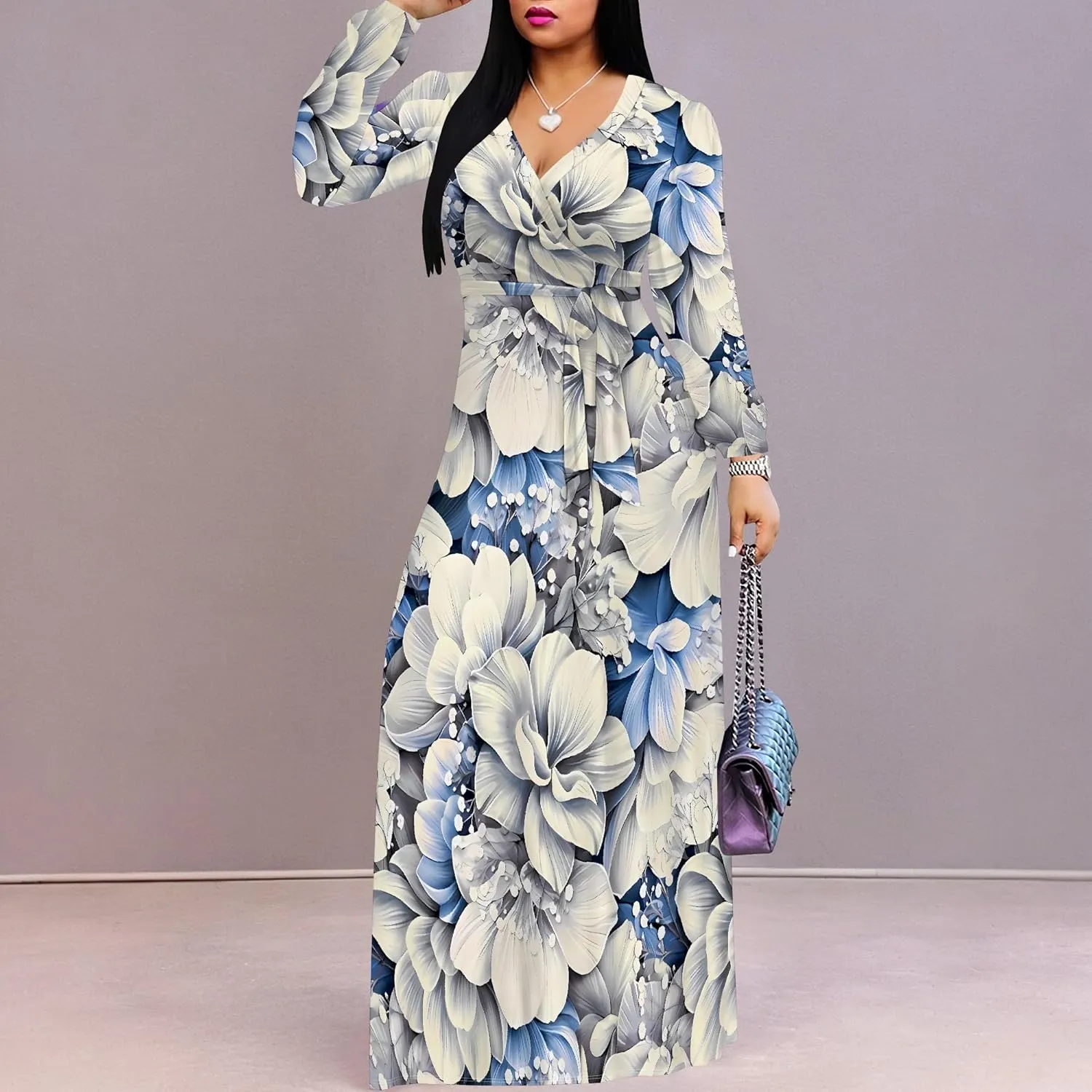Plus Size Dresses for Women Floral Print Maxi Dress Flowy 3/4 Sleeve with Belt