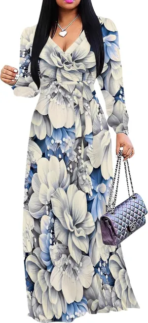 Plus Size Dresses for Women Floral Print Maxi Dress Flowy 3/4 Sleeve with Belt