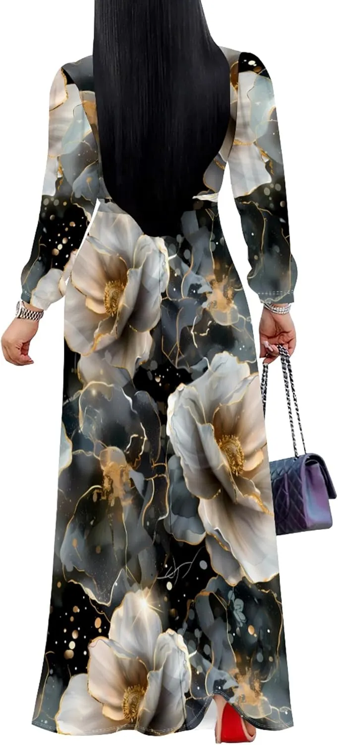 Plus Size Dresses for Women Floral Print Maxi Dress Flowy 3/4 Sleeve with Belt