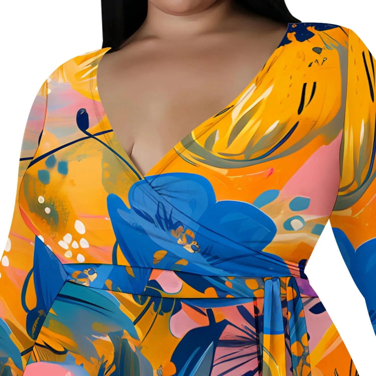 Plus Size Dresses for Women Floral Print Maxi Dress Slit Flowy 3/4 Sleeve with Belt