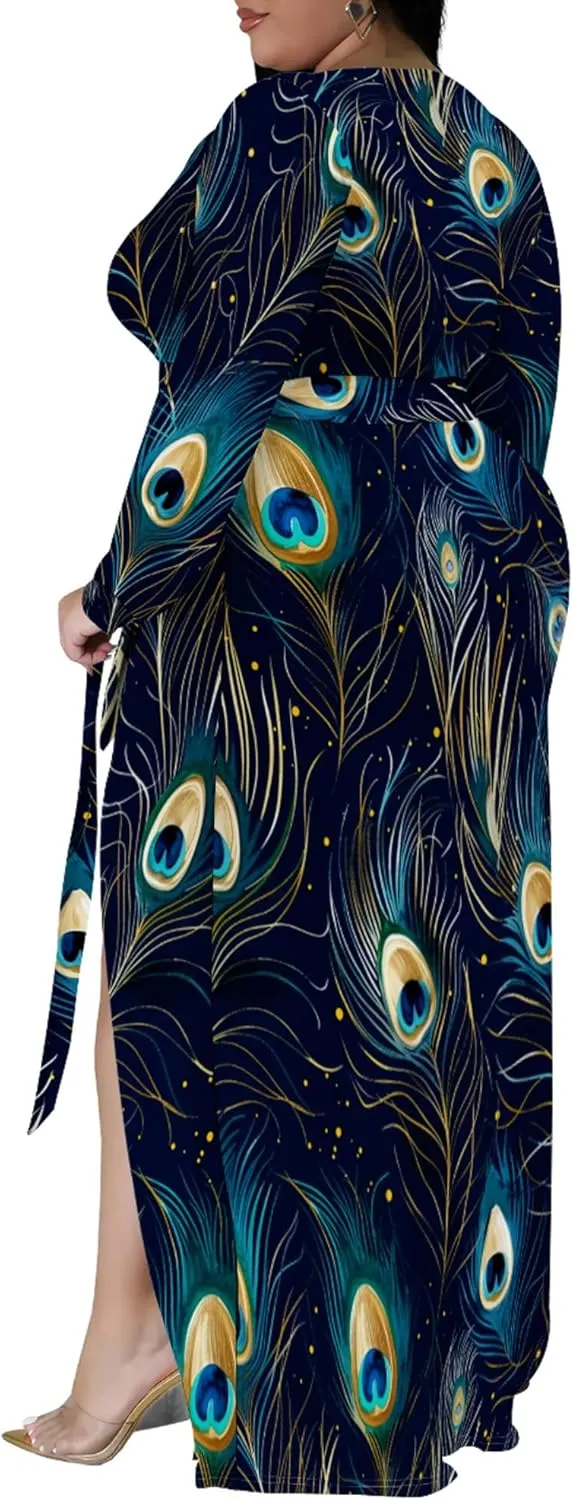 Plus Size Dresses for Women Floral Print Maxi Dress Slit Flowy 3/4 Sleeve with Belt