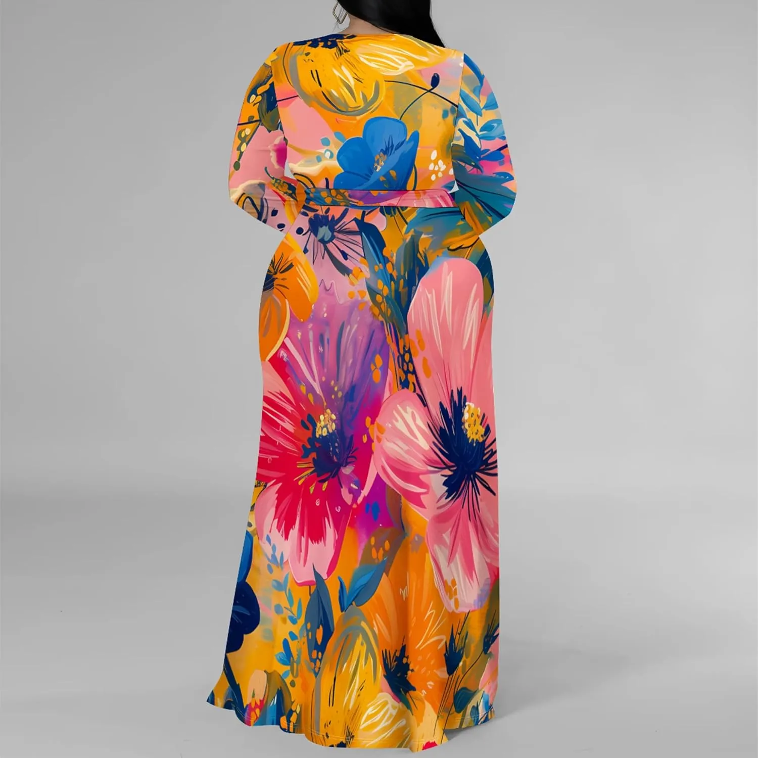Plus Size Dresses for Women Floral Print Maxi Dress Slit Flowy 3/4 Sleeve with Belt