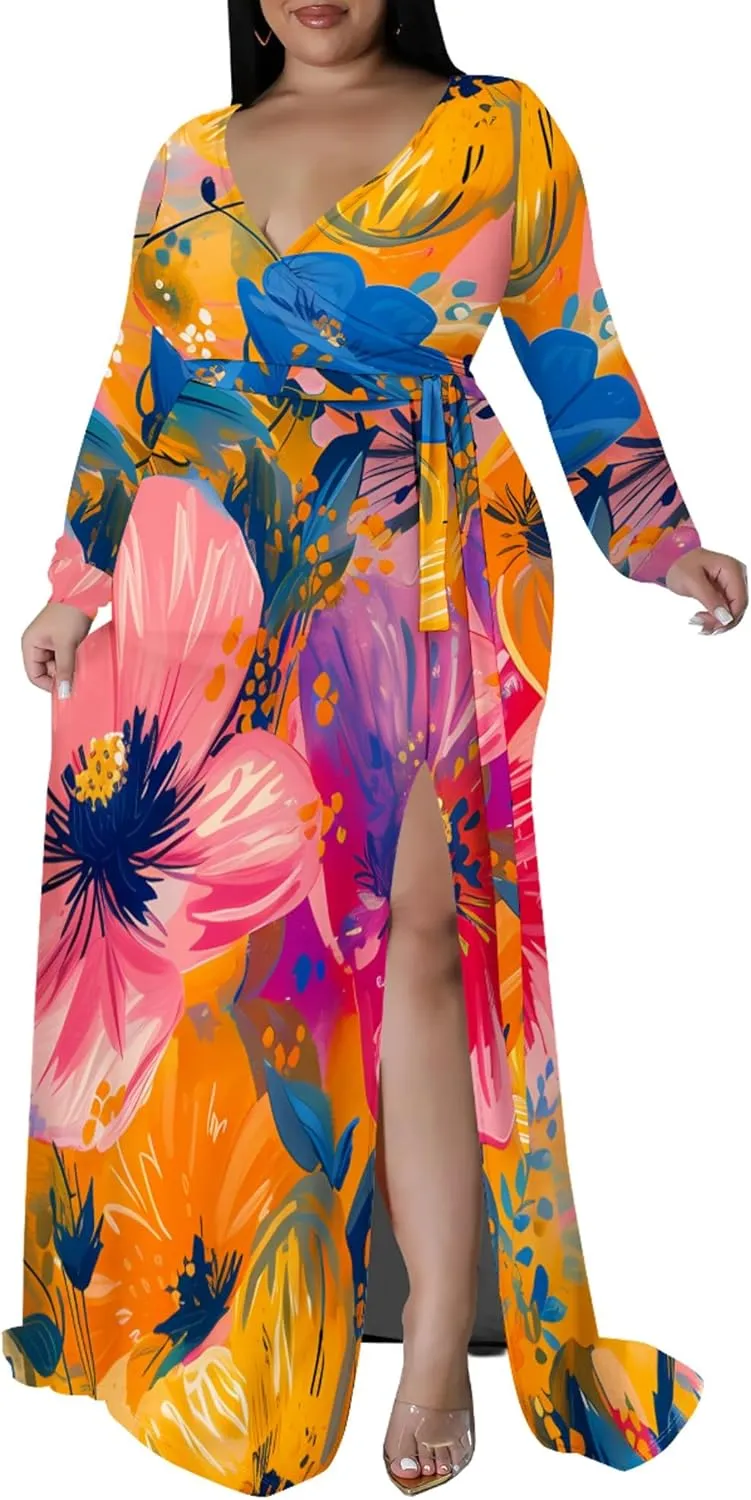 Plus Size Dresses for Women Floral Print Maxi Dress Slit Flowy 3/4 Sleeve with Belt