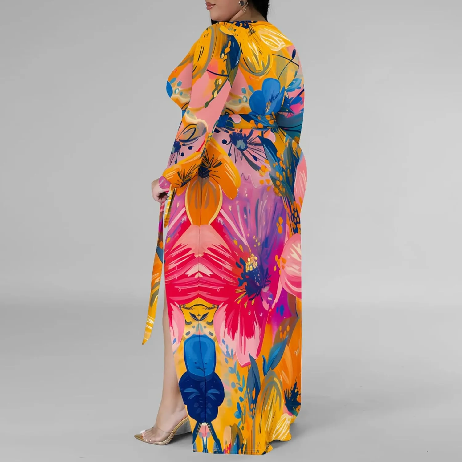 Plus Size Dresses for Women Floral Print Maxi Dress Slit Flowy 3/4 Sleeve with Belt