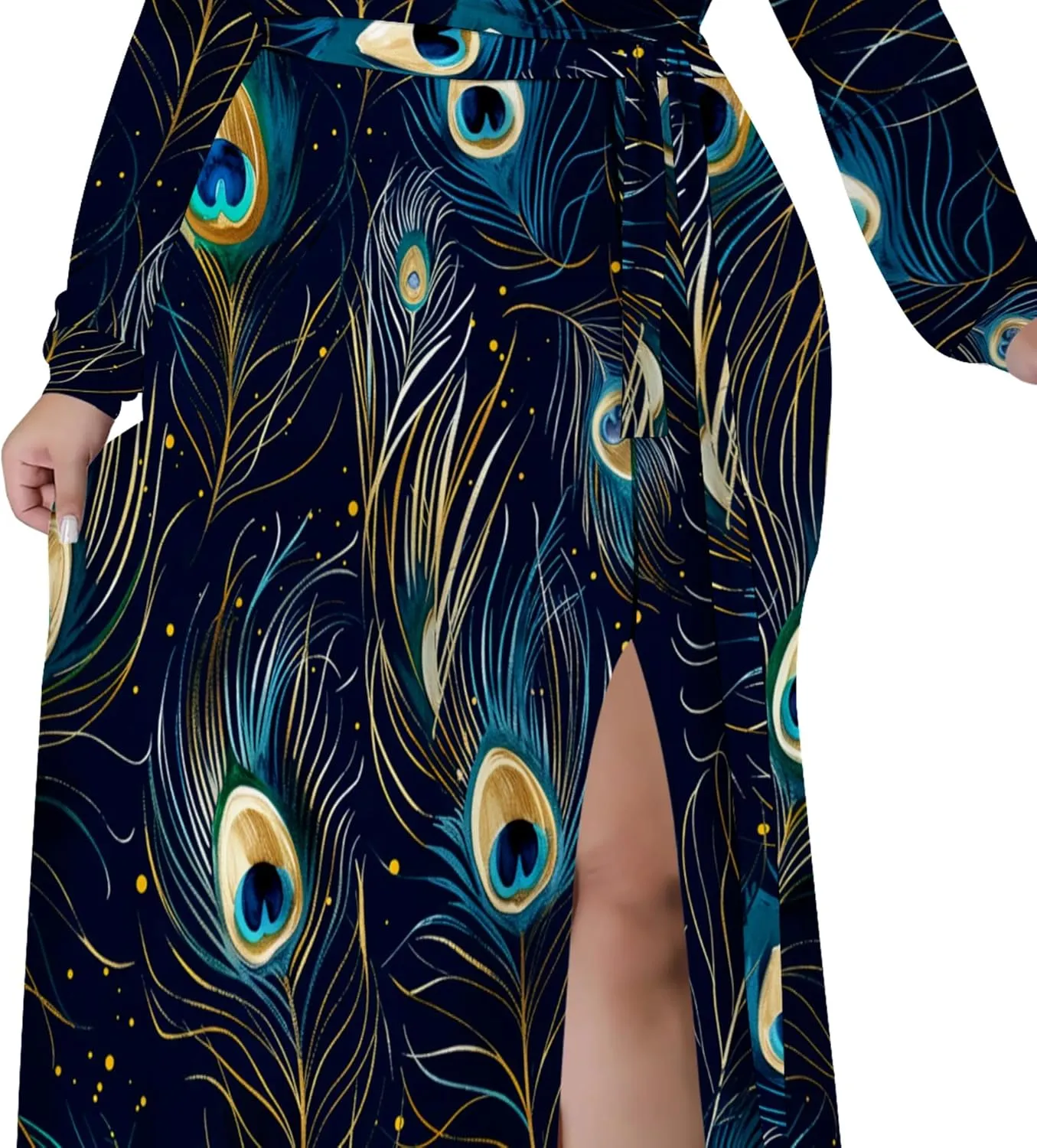 Plus Size Dresses for Women Floral Print Maxi Dress Slit Flowy 3/4 Sleeve with Belt
