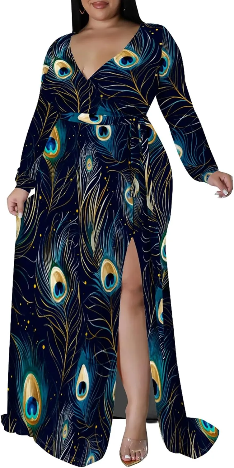 Plus Size Dresses for Women Floral Print Maxi Dress Slit Flowy 3/4 Sleeve with Belt