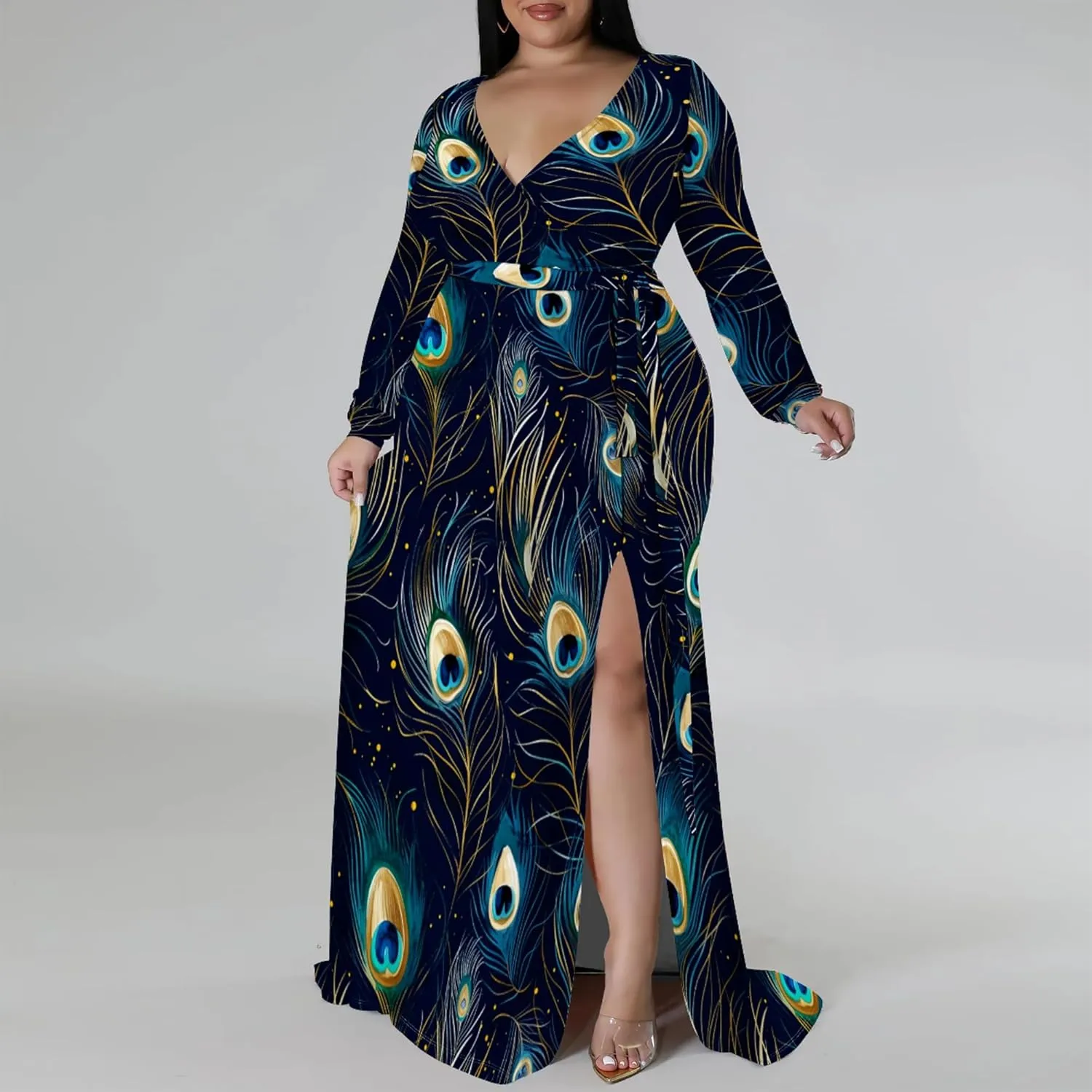 Plus Size Dresses for Women Floral Print Maxi Dress Slit Flowy 3/4 Sleeve with Belt