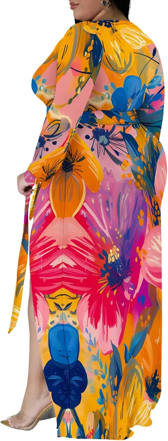 Plus Size Dresses for Women Floral Print Maxi Dress Slit Flowy 3/4 Sleeve with Belt