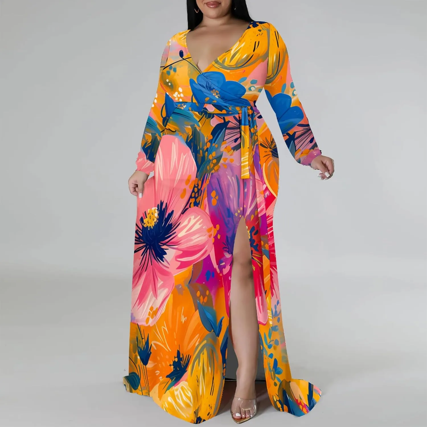Plus Size Dresses for Women Floral Print Maxi Dress Slit Flowy 3/4 Sleeve with Belt