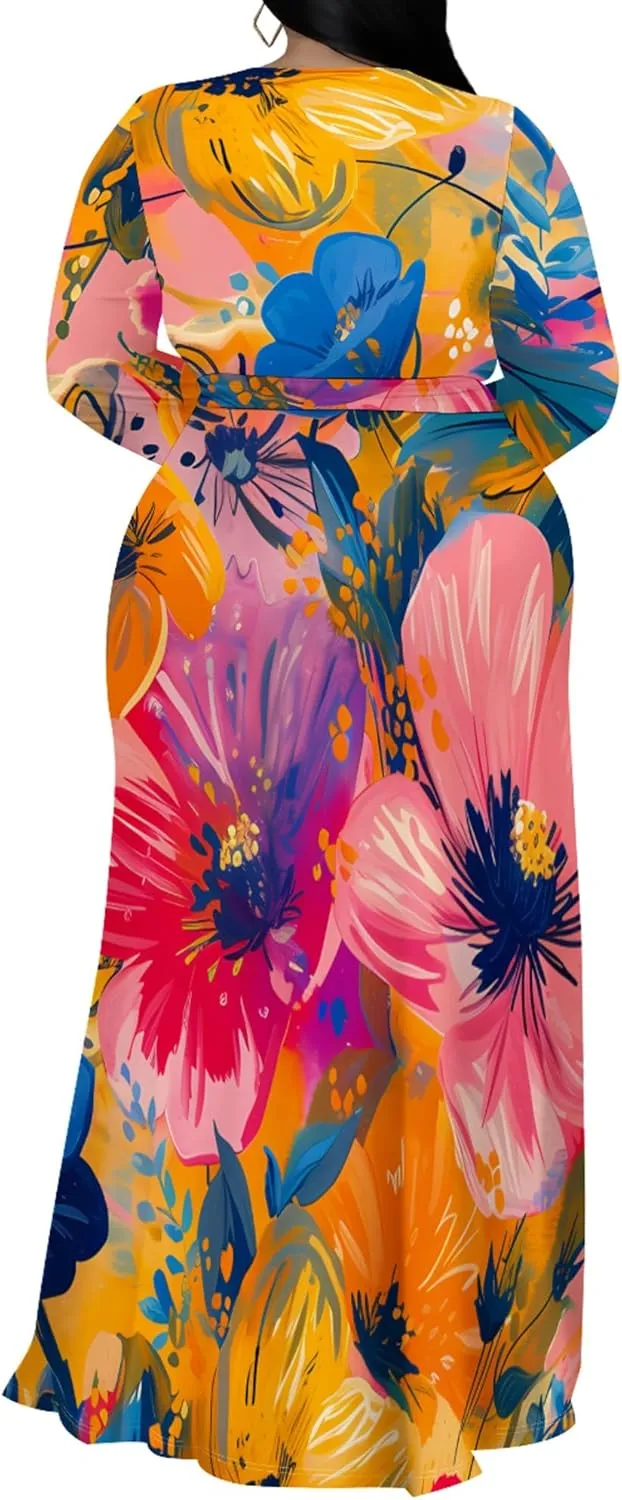 Plus Size Dresses for Women Floral Print Maxi Dress Slit Flowy 3/4 Sleeve with Belt