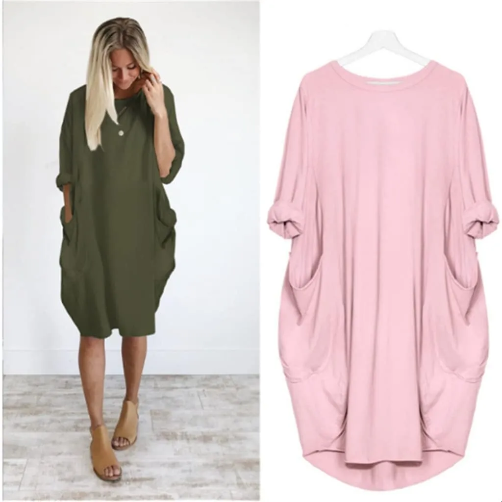 Plus Size Dresses for Women Oversized T Shirt Midi Dress Roll-Up Sleeve Crewneck Dress Baggy Dresses with Pockets