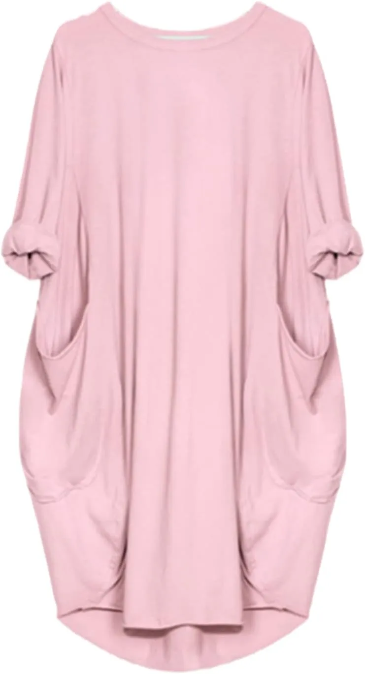 Plus Size Dresses for Women Oversized T Shirt Midi Dress Roll-Up Sleeve Crewneck Dress Baggy Dresses with Pockets