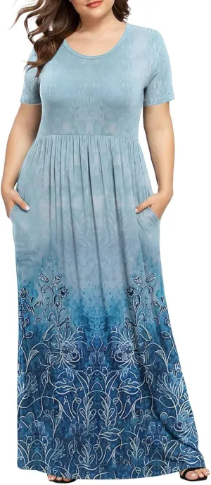 Plus Size Dresses for Women Short Sleeve Floral Graphic Dress Fashion Comfort Pleated Maxi Dress for Vacation