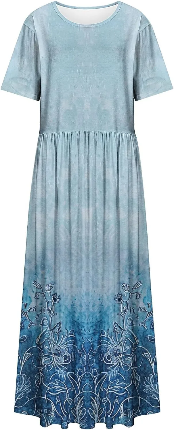 Plus Size Dresses for Women Short Sleeve Floral Graphic Dress Fashion Comfort Pleated Maxi Dress for Vacation