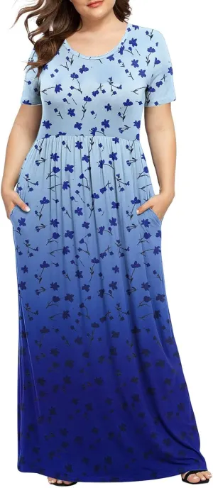Plus Size Dresses for Women Short Sleeve Floral Graphic Dress Fashion Comfort Pleated Maxi Dress for Vacation