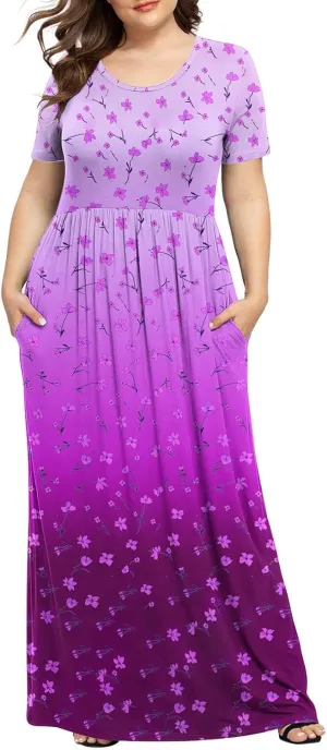 Plus Size Dresses for Women Short Sleeve Floral Graphic Dress Fashion Comfort Pleated Maxi Dress for Vacation